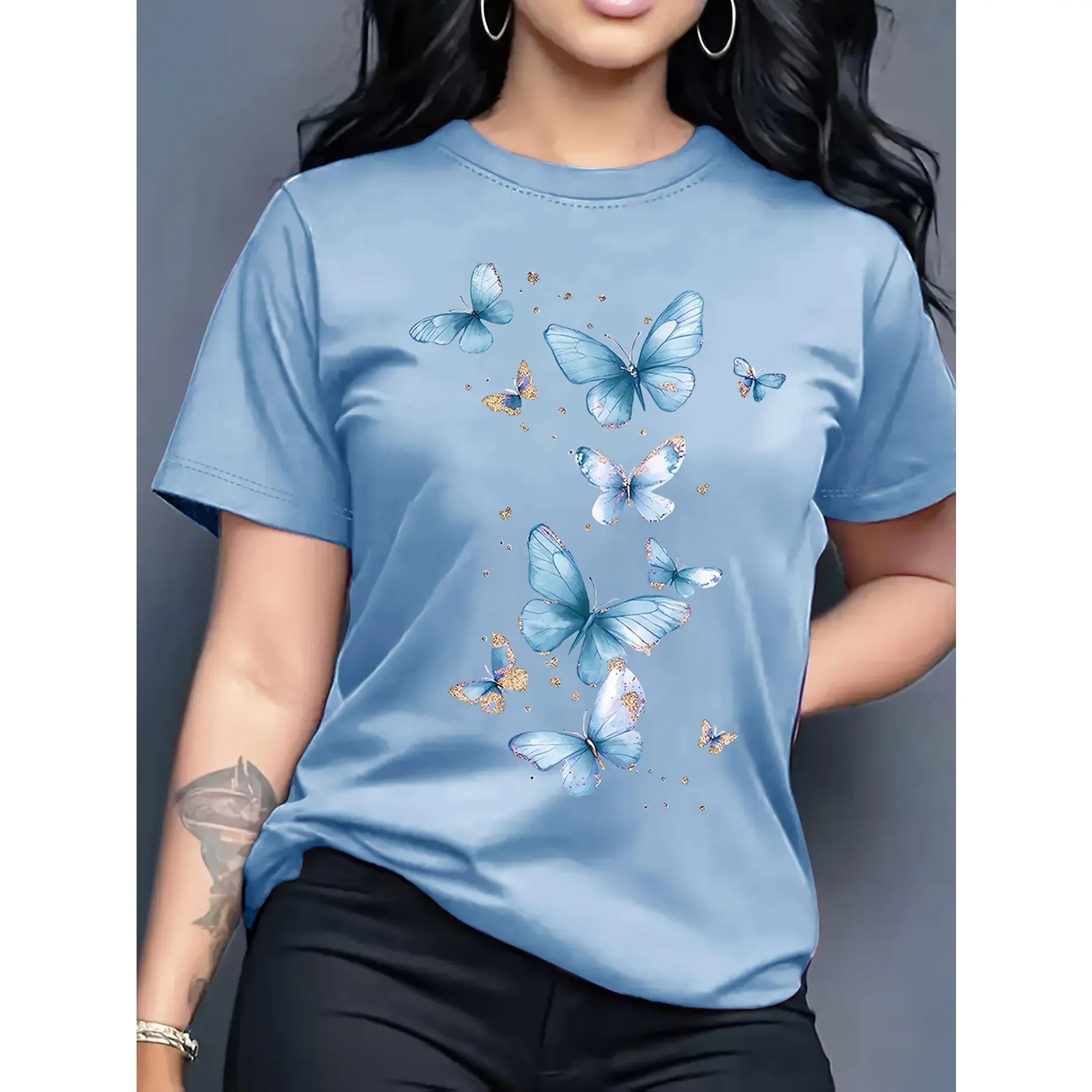 [Butterfly Print T-Shirt] Women's Butterfly Print Short Sleeve Crew Neck T-Shirt | Casual Summer & Spring Top | Birthday Gifts for Sister, Friend menswear