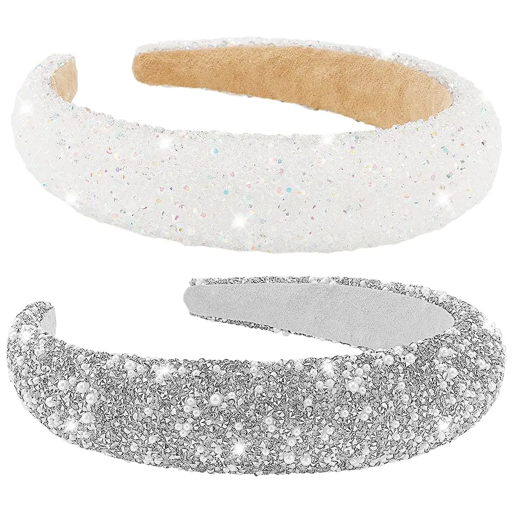 Female 2-Piece Glamorous Rhinestone Headbands - Padded, Glitter Sequin, Beaded Pearls Hair Accessories for Prom, Wedding, Birthday (White&Silver)