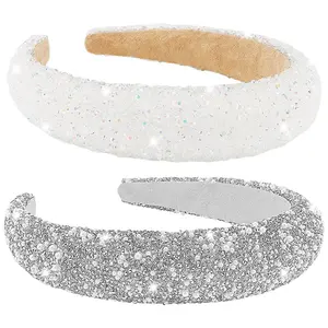 2 Pack Rhinestone Headband for Women Girls, Glitter Sequin Beaded Pearls Padded Headbands for Women Prom Wedding Sparkly Hair Bling Birthday Hair Accessories (Silver&White)