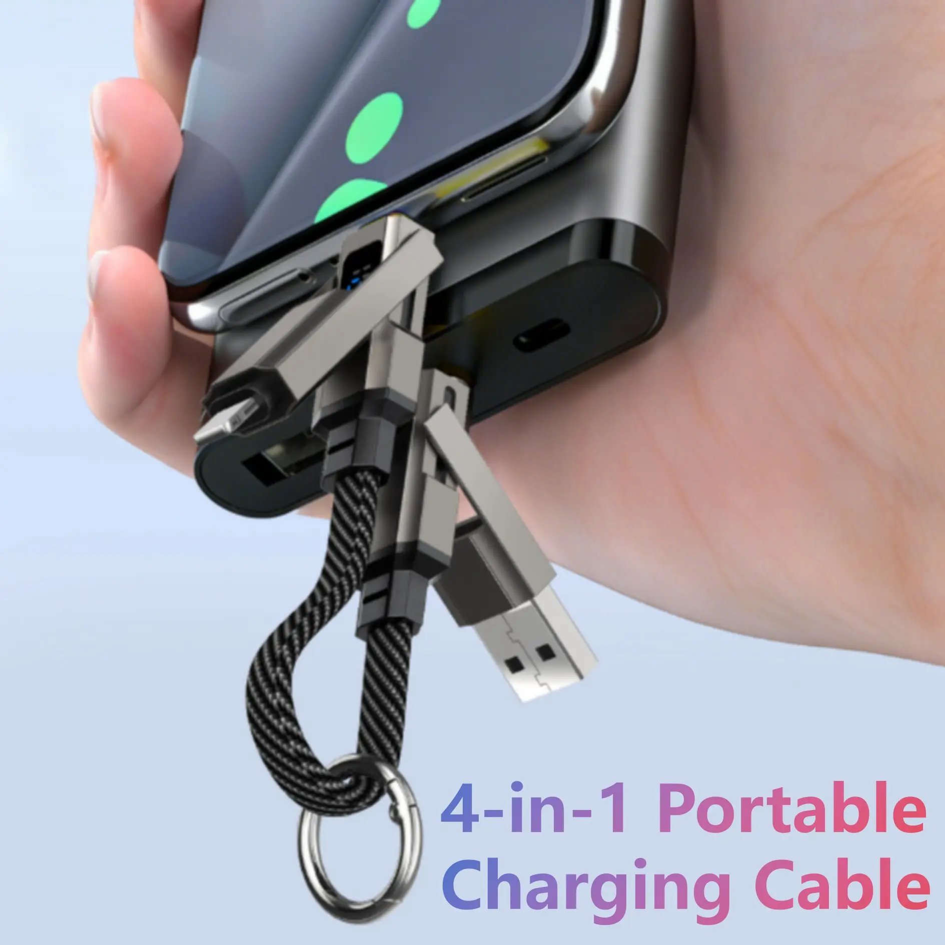 Four-In-One Data Cable/charging Cable, Keychain Data Cable, Portable, Metal Material, Braided Cable, Essential for Travel
