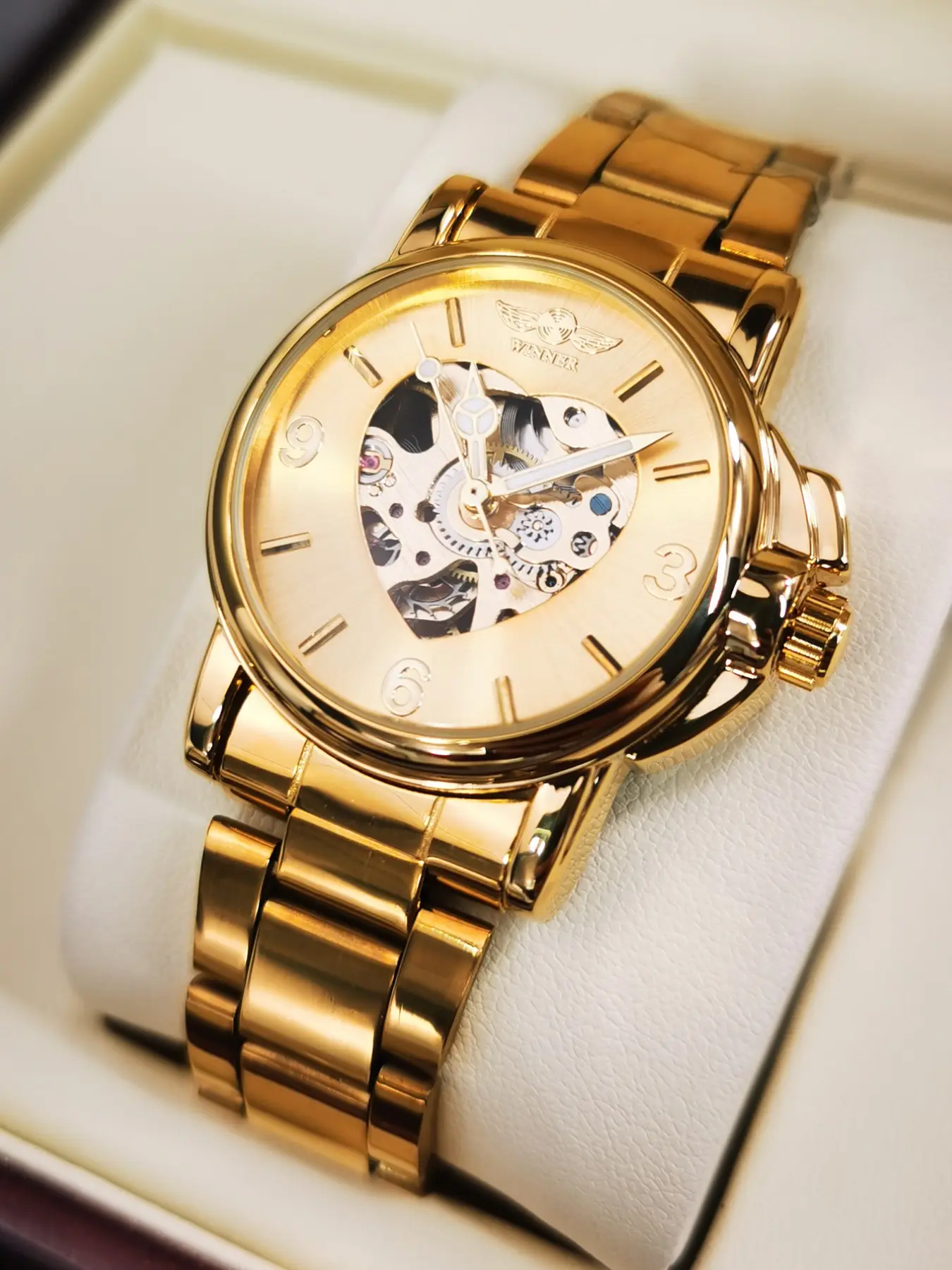 1pc Royal Skeleton Automatic Mechanical Watch for Women Luminous Hands Stainless Steel Strap Gold Fashion Ladies Watches Analog Automatic Wristwatch
