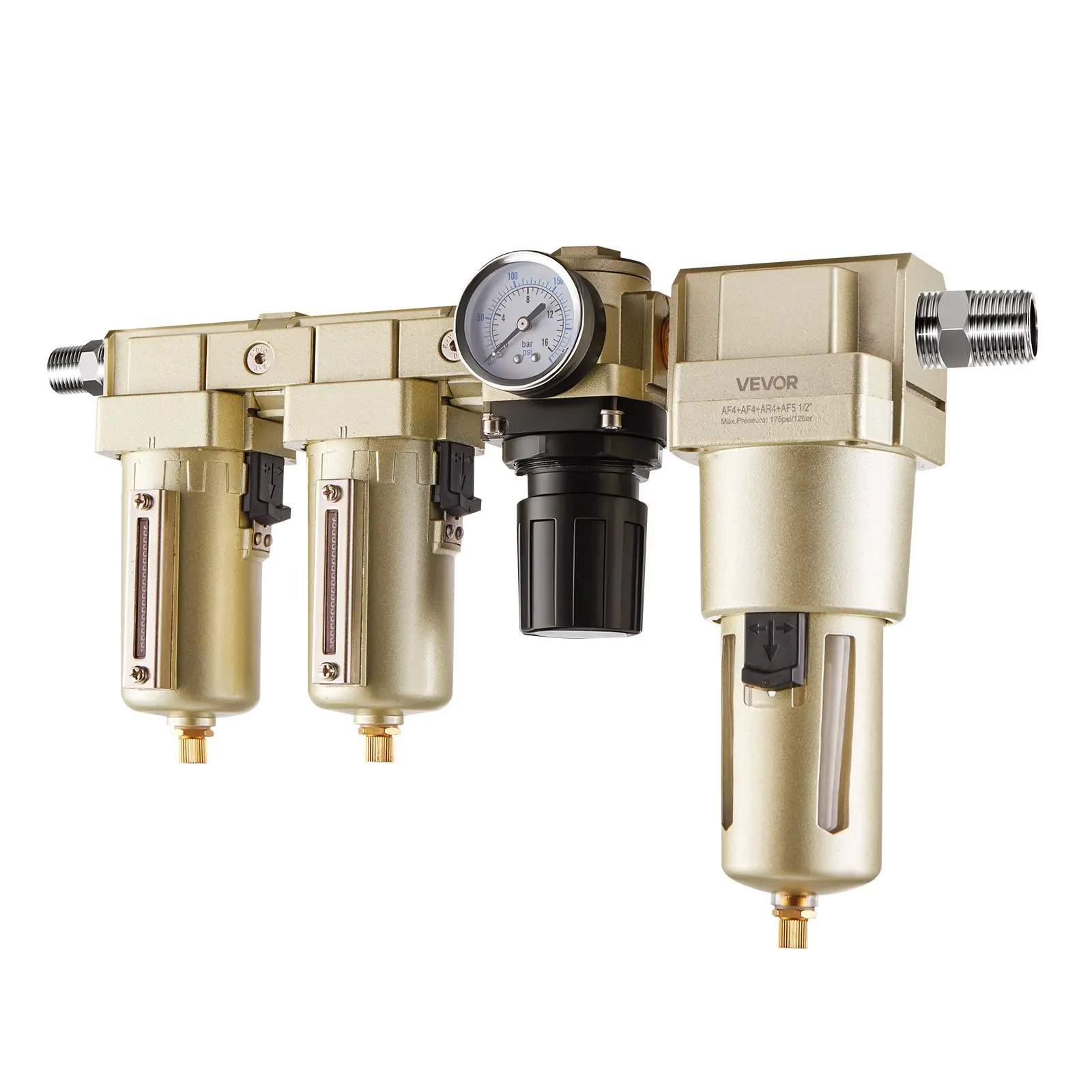 VEVOR Air Compressor Filter Regulator Combo, 1/2" NPT 3-Stage 25m 5m 0.3m Compressed Air Drying System with Micron Filters Oil-Water Separator, Semi-Auto Drain, 175PSI Max Working Pressure