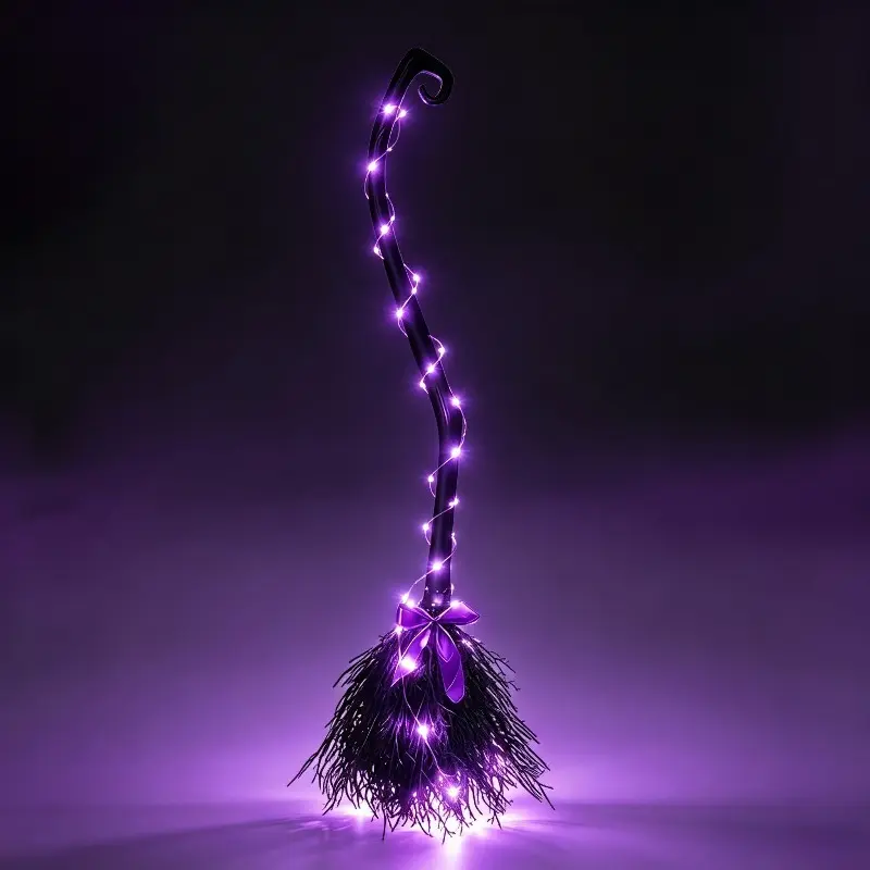 2-Piece Halloween Ribbon Witch Broom Set with 3-Meter Purple LED String Lights – Wicked Witch Costume Prop, Party & Photo Booth Accessory, Indoor/Outdoor Halloween Decor