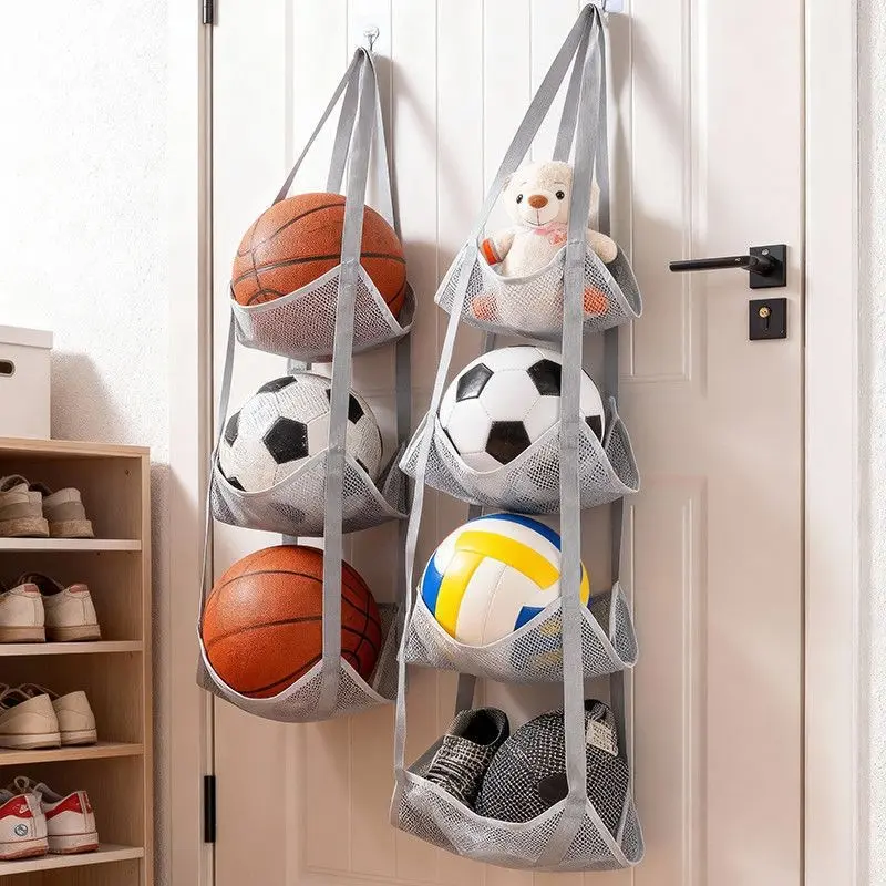 2pcs Foldable Multi-Layer Sports Ball Storage Basket, Home Basketball Organizer, Entryway Hanging Bag, Multifunctional Shelf