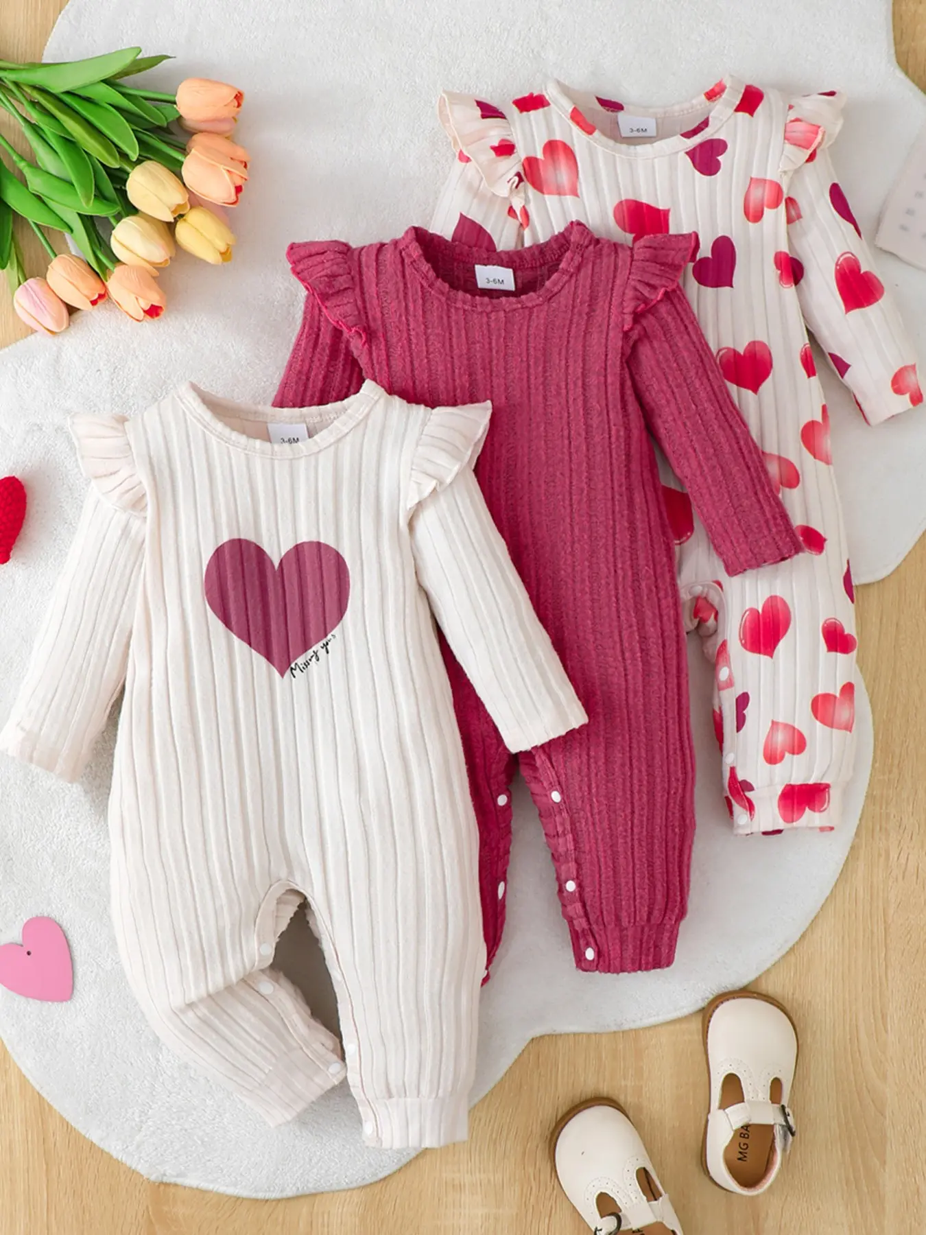 Baby Girls Fall Winter Romper Set, Cute Heart Pattern Long Sleeve Pants, Soft Fabric, Newborn & Toddler, Casual Daily Wear, Valentine's Gift, Infant Jumpsuit
