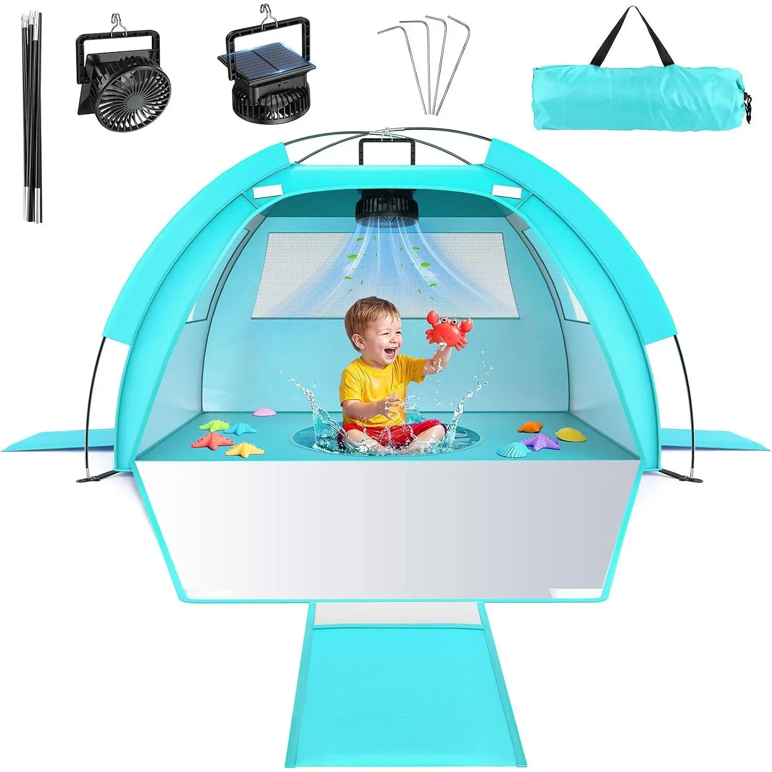 Baby Beach Tent Solar Cooling Fan, UPF 50+ UV Protection Portable Sun Shade Canopy Shelter for Infant Toddler Kids, Baby Beach Essentials Tent Fan with Carrying Bag for Sand Beach Camping Backyard