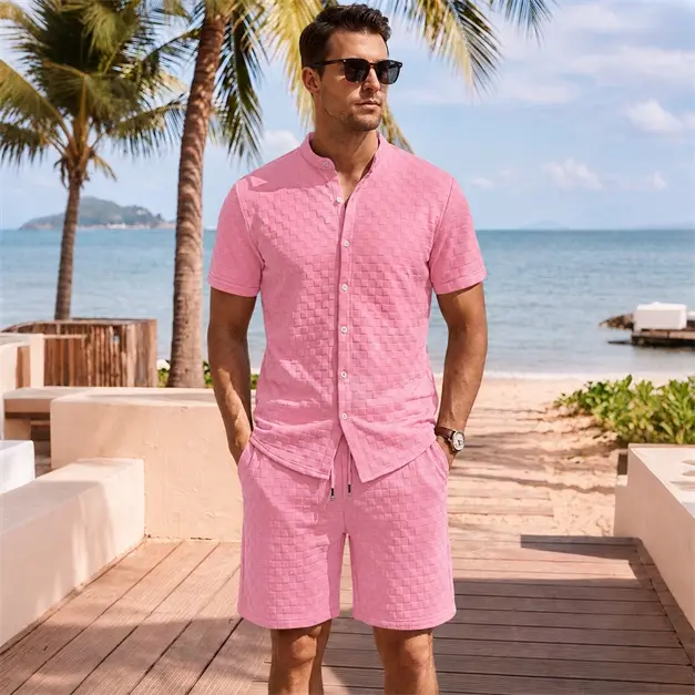 Men’S Waffle Textured Two Piece Set, Short Sleeve Collared Shirt And Drawstring Shorts, Casual Vacation Outfit