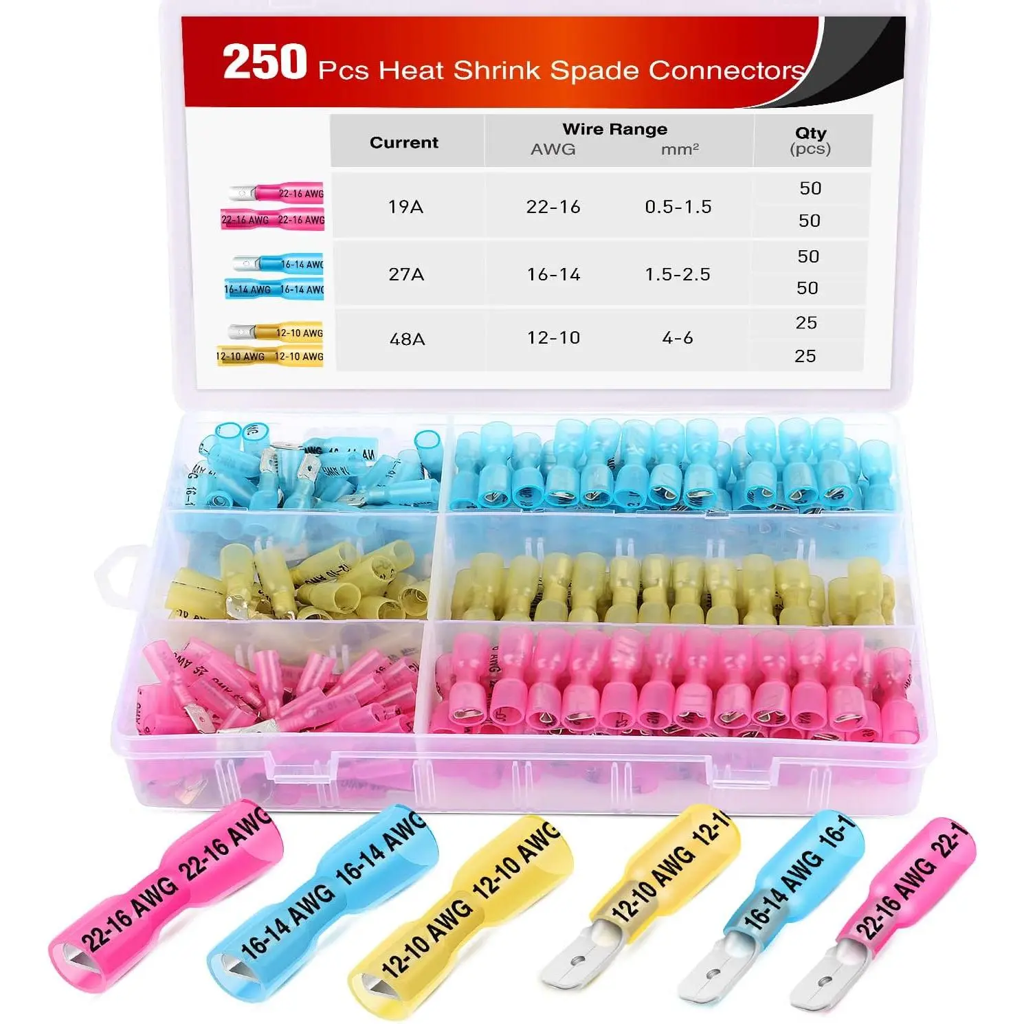 Nilight 50027R Fully Insulated Heat Shrink Spade Connectors - 250 Male & Female Plug in, Quick Splice, Solderless Wire Terminal Connectors, 22-10 AWG Range, Outdoor Safe, Automotive Use, 2-Year Warranty, Plug In Connector, Quick Splice Connectors