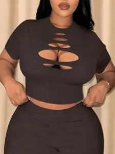 Lw Home Plus Size Women's Hollow Out Ripped Fashion T-Shirt, Perfect for Home Wear, Summer Style, Easy to Dress Up