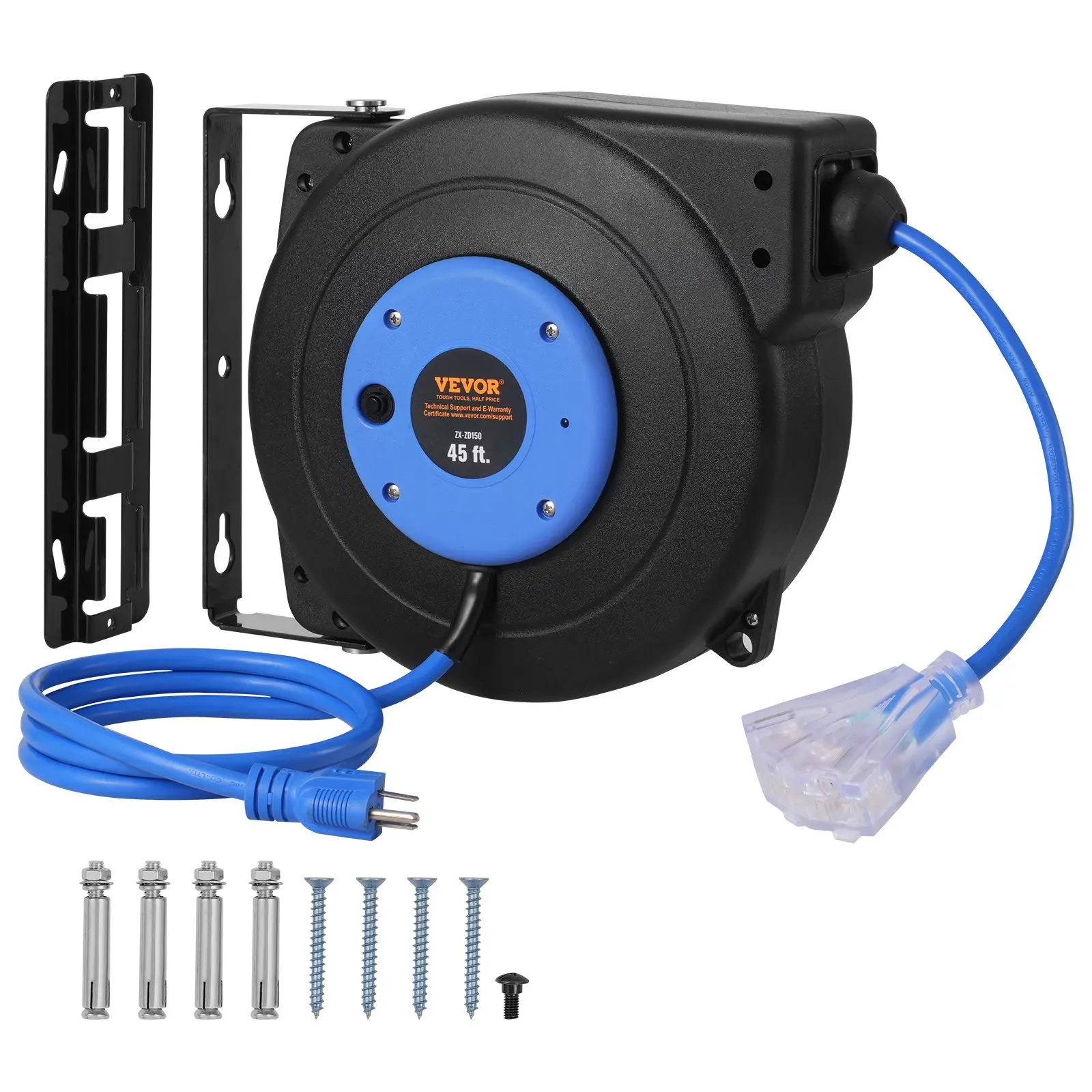 Retractable Extension Cord Reel, 45 FT, Heavy Duty 12AWG/3C SJTOW Retractable Power Cord with Lighted Triple Tap Outlet, 15 Amp Circuit Breaker 180 Swivel Bracket for Ceiling or Wall Mount
