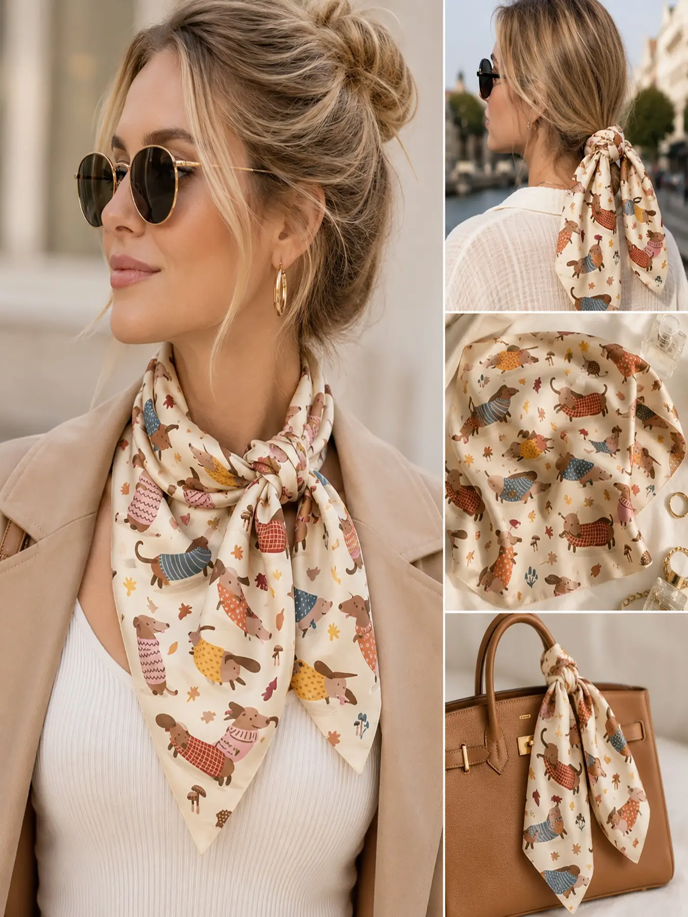 Cute Dachshund Print Silky Square Scarf, Multi-Way Hair Tie, Neck Kerchief, Bag Accessory, Retro Slim-Fitting, All Seasons, Scarf For Hair