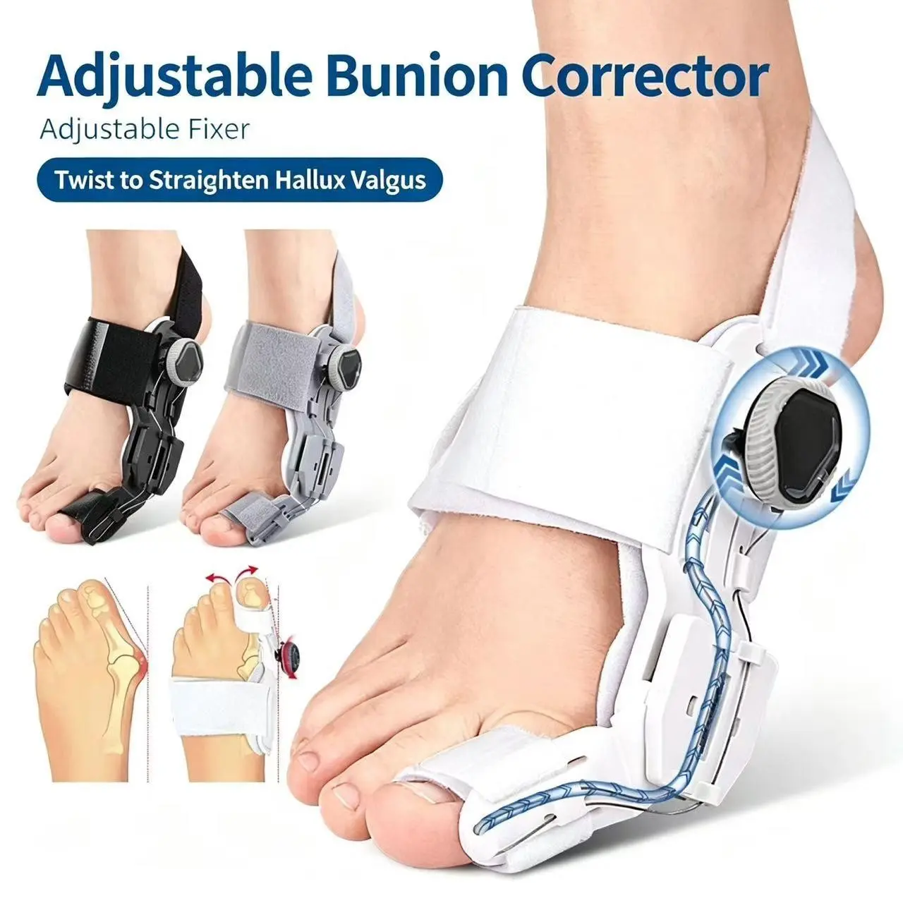 ：Adjustable Bunion Corrector for Hallux Valgus, 360° Rotary Knob Toe Straightener Fixer, Day Night Wear Big Toe Separator Brace for Foot Pain Relief