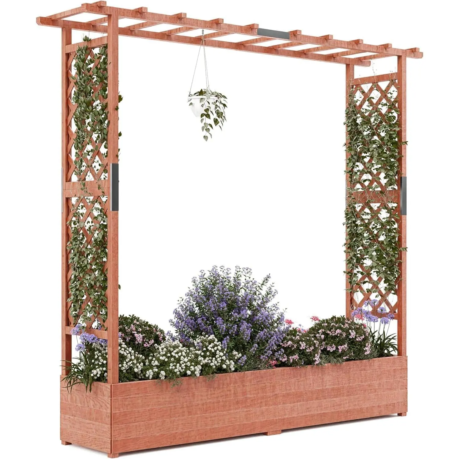 Raised Garden Bed with Trellis & Hanging Roof, Wood Planter Box with Bottom and Drainage Holes, Freestanding Garden Planter for Flower Vegetable Fruit Herb Climbing Vines