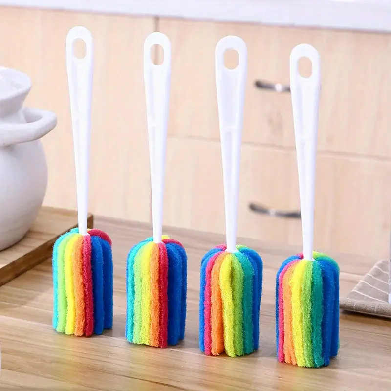 [Rainbow Sponge Brush] 3/4pcs, Rainbow Sponge Brush, Water Bottle and Glass Cleaning Sponge Scrubber with Handle, Cup Brush, Kitchen Cleaning Brush, Kitchen Supplies, Cleaning Tools