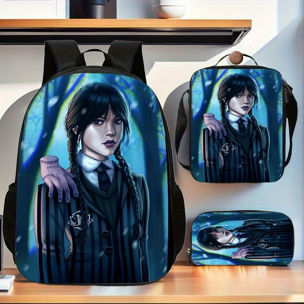 Wednesday Adams Dark Blue Forest Double Twist Cool-Tone Print Three-Piece School Bag Set, Shoulder Bag, Insulated Lunch Box, Zipper Pencil Case, Suitable for Teenagers' Daily Use