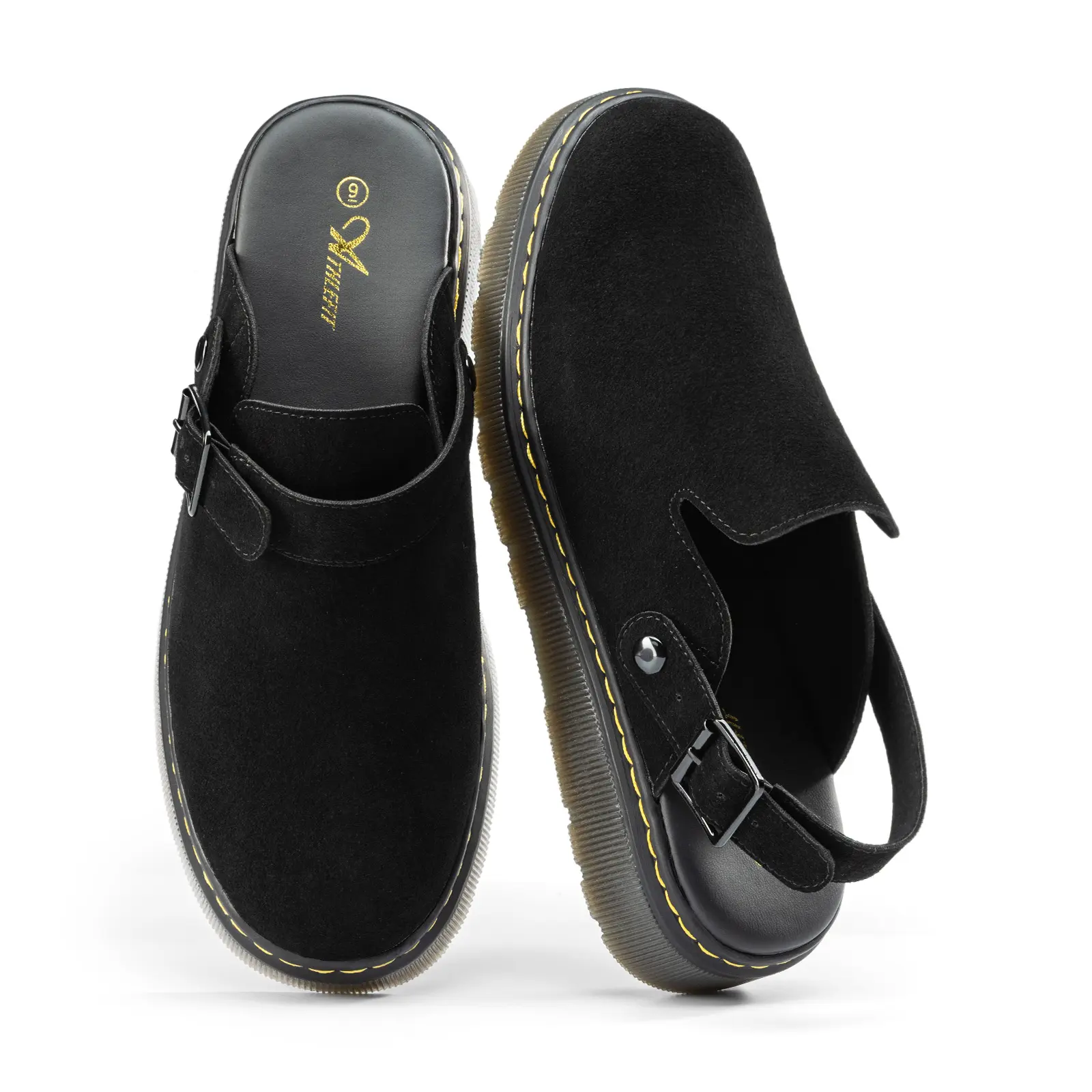 Athlefit Men's Suede Clogs - Chic Minimalist Slip-On Mules, Rubber Sole, Sequin Accents, Latex Cushioned Footbed, Adjustable Buckle Heel Strap, Anti-Slip, Round Closed Toe for Work & Shopping Use