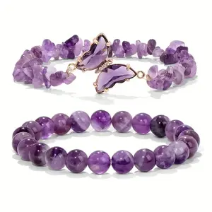 Natural Amethyst Beaded & Chip Stone Bracelet Set Healing Energy Gif
