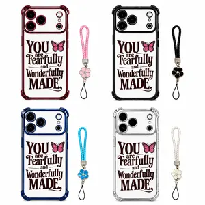 Pink Butterfly Christian Phone Case with Wrist Strap for iPhone 17 Pro Max 16 15 14 13 12 11, Faith Bible Verse Protective Cover, Inspirational Religious Gift for Women, Cute Aesthetic Christian Case