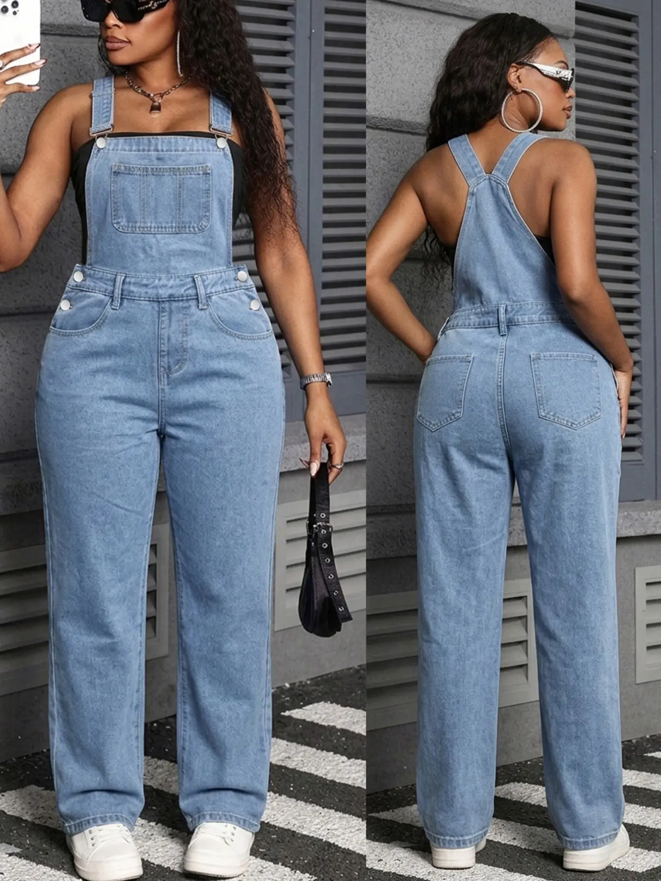 Plus Size Women's Light Blue Denim Straight Leg Overalls, Adjustable Metal Buckle Straps, High Waist, Loose-Fit, Casual Workwear Pants