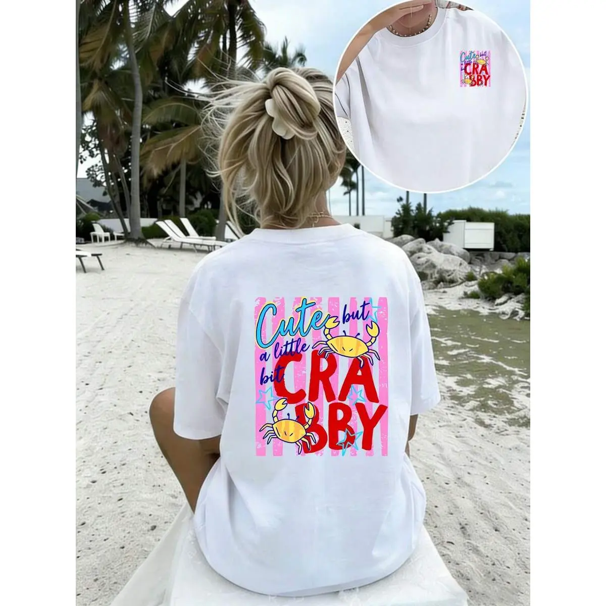 Women's Oversized Cotton Graphic T-Shirt, Crew Neck Top with Double-Sided Cartoon Crabs Print, Relaxed Fit for Streetwear, Machine Wash, Tshirt, Baggy, Swimwear, Loungewear, Lightweight, Tropical