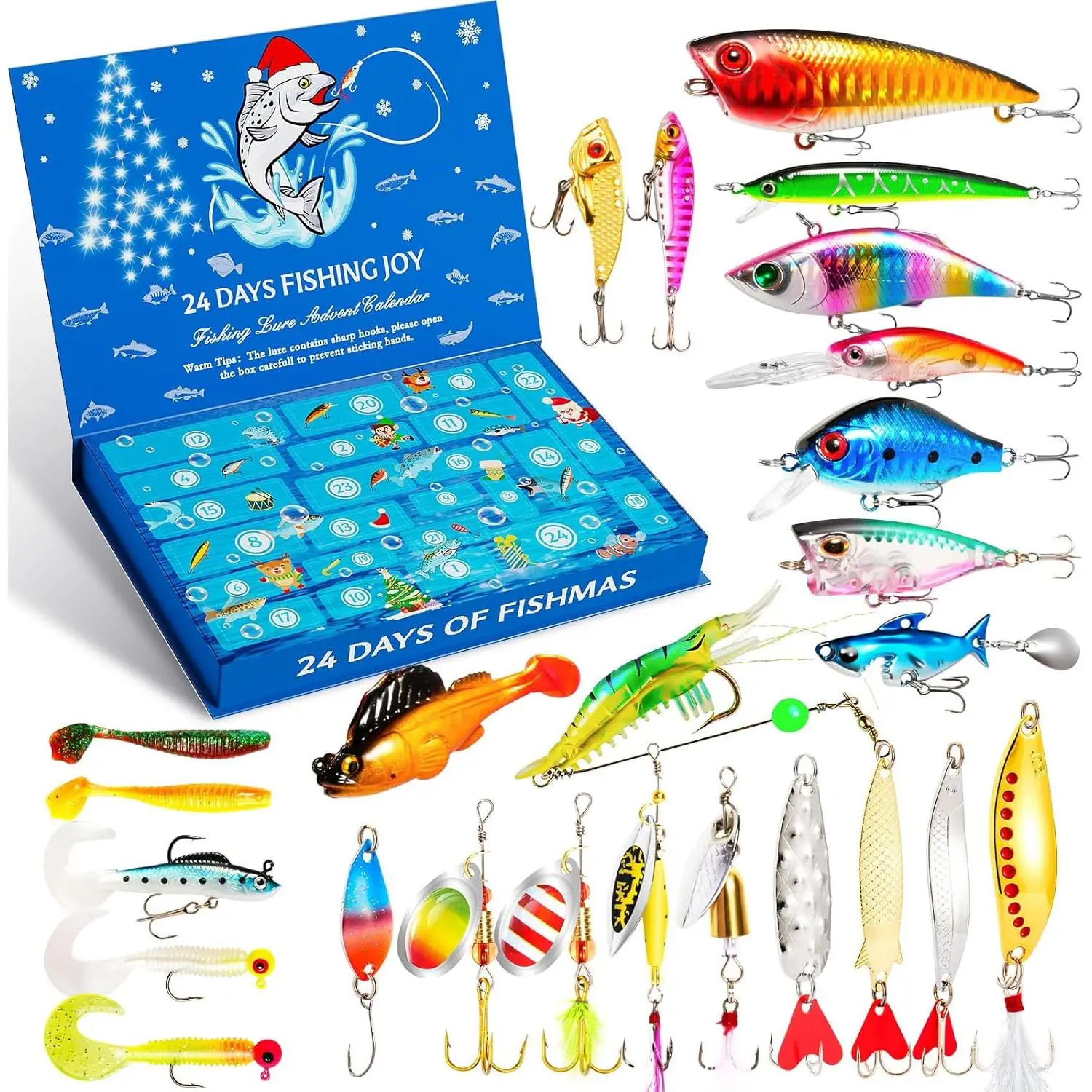 2025 Advent Theme Fishing Xmas Countdown Calendar, 24-Compartment Lure Variety Tackle Kit, Festive Home & Party Supply Gift for Adult Men Fishermen, Compartments