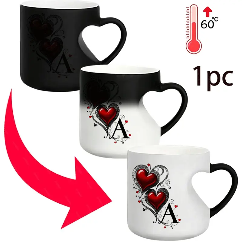 Glitter Heart Initial A-Z Heat-Changing Ceramic Mug, 11 Oz/330 Ml, Heart-Shaped Handle, Christmas Gift, Drinking Mug