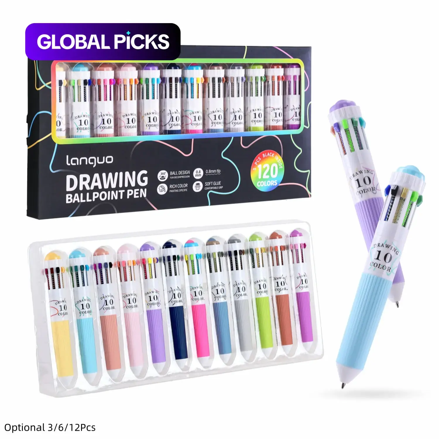 3/6/12 Pack Multicolor Pens, 28/60/120 Colors, 10-in-1 Colored Ballpoint Pen, Drawing Pens, Drawing Pens Set, 0.8mm Fine Point Smooth Writing, Retractable Ballpoint Pens Office Writing Tool for Office School Students Gifts, Ballpoint Pen Kit #GLOBAL PICKS