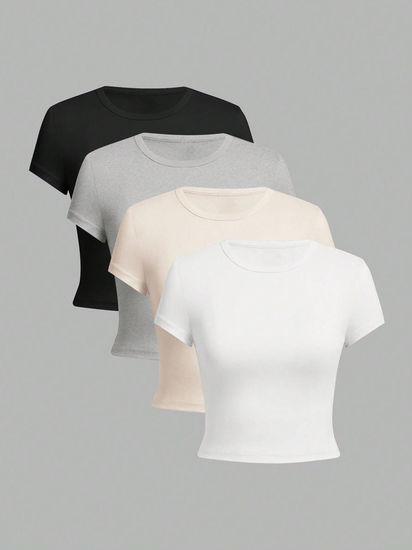 Women's Solid Round Neck Crop Tee, Casual Minimalist Short Sleeve Crew Neck Basic T-shirt for Summer, Ladies Clothes for Daily Wear, Womenswear, Classic T Shirt