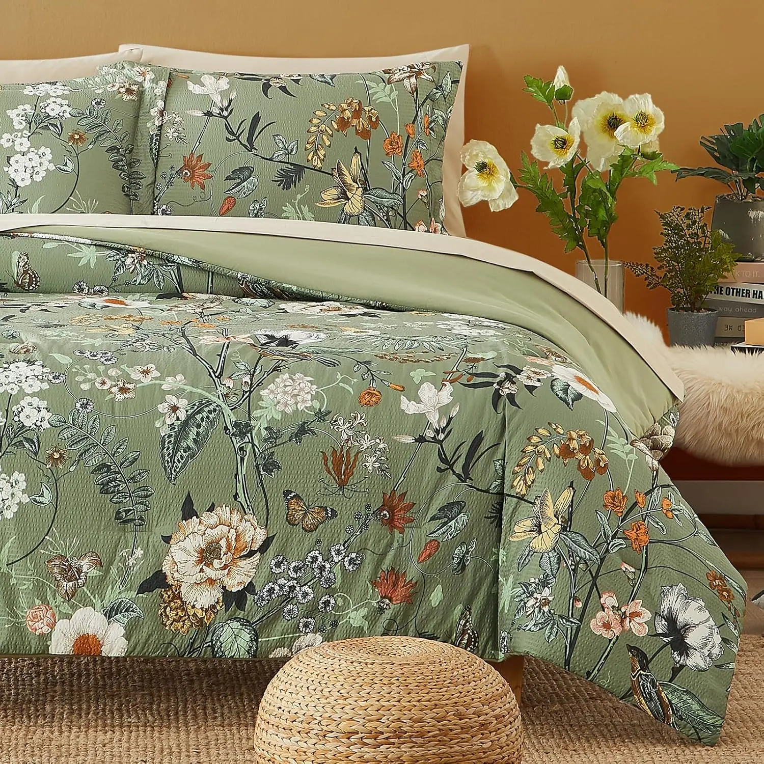 Full Size Comforter Sets - 7 Pieces Floral Bed in a Bag Full Bedding Set| Green Botanical Texture Flowers Comforter Set with Sheets, Pillowcases & Shams for All