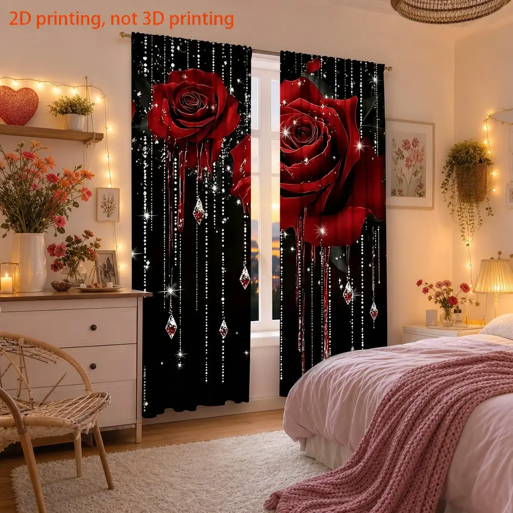 2-Piece Pearl Rose Print Window Curtain Set, Home Decoration Curtain, Durable Semi-Transparent Polyester Fabric, Washable, Ideal for Bedroom/living Room/library, Home Decorative Curtain