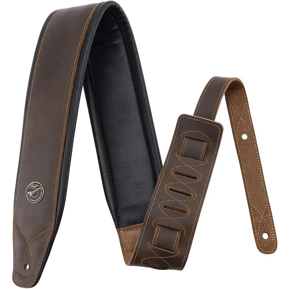 Guitar Strap Leather 3 Inch Wide Full Grain Padded Soft Leather Strap for Acoustic, Electric and Bass Guitars