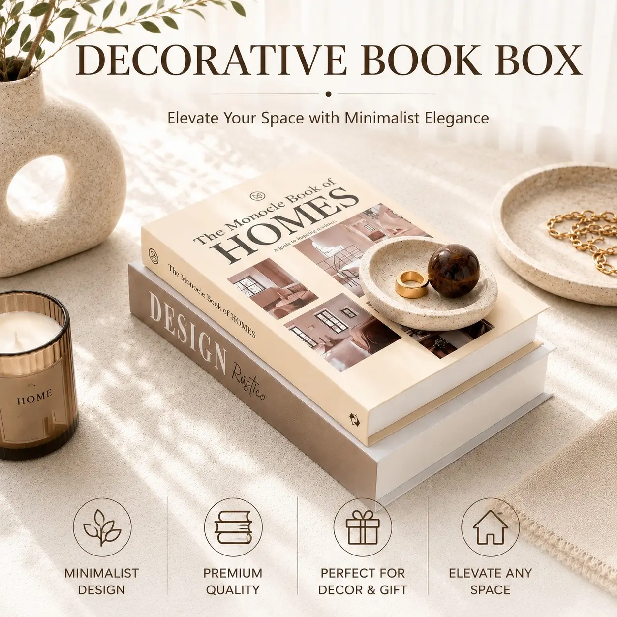 2 Piece Cream Color Fake Book Decor Set, Realistic Book Design for Coffee Table, Shelf, Fireplace, Modern Home Aesthetics, Holiday Decoration
