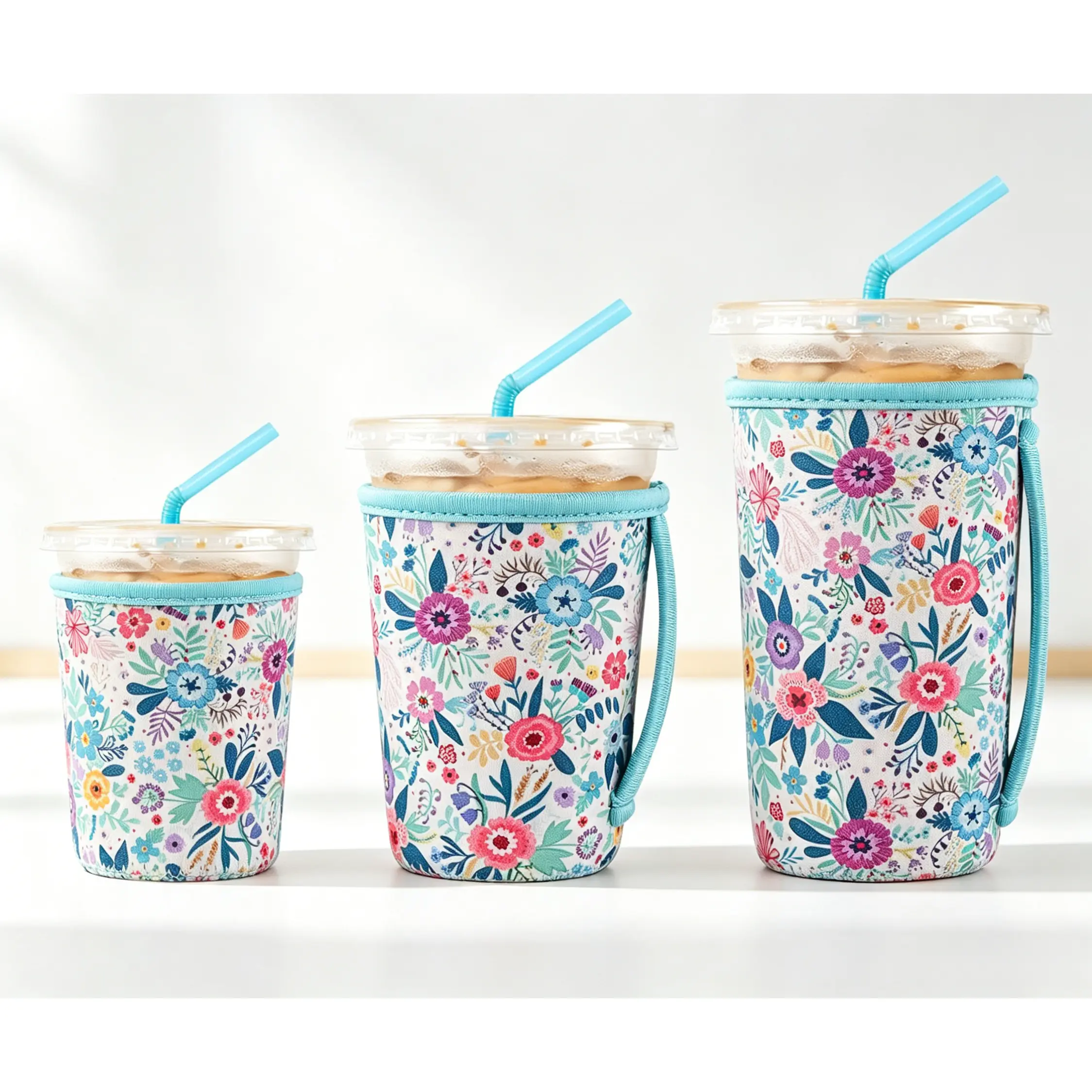 3-Pack White Floral Neoprene Fabric Tumbler Sleeves with Handle, Foldable Sturdy Reusable Insulated Cup Covers Set (3 Sizes for 16-32oz Starbucks Dunkin Cold Cups), Anti-Condensation Summer Gift Home Organizer