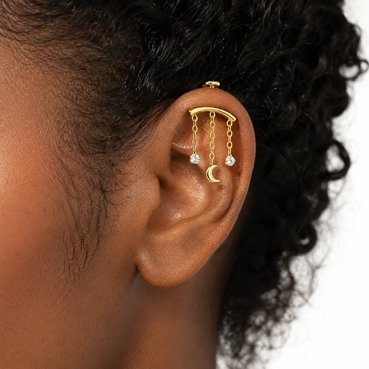 16G F136 Titanium Helix Piercing Jewelry, Crescent Moon Layered Tassel Chain Cartilage Earring, Hypoallergenic Internally Threaded 6mm Curved Barbell with Zircon Studs, 0.9Mm Thread Length, 1.2Mm Gauge