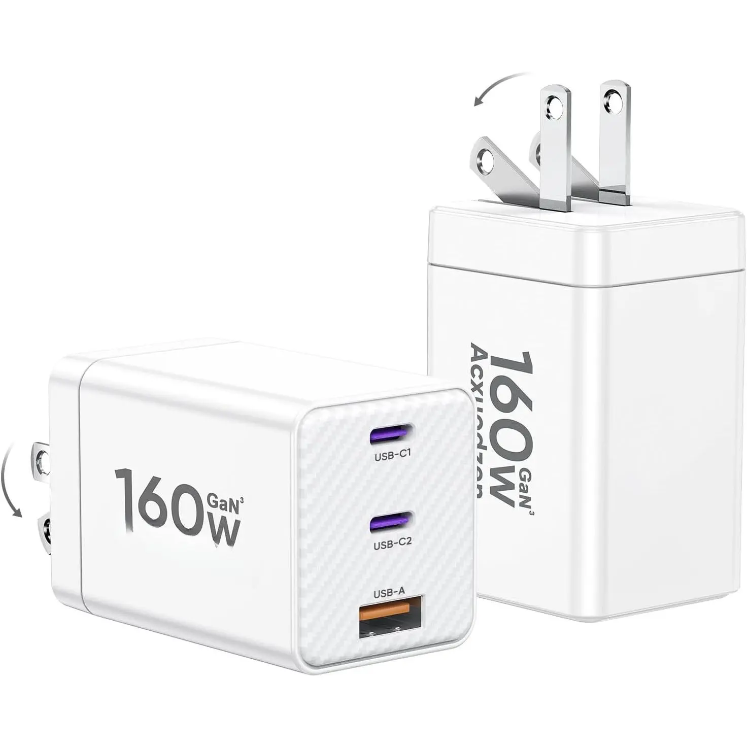 2 Pack USB C Charger Block 160W, 3-Port GaN Super  Charger,  65W Type C  Block, Foldable QC3.0 Laptop   for MacBook, , , Galaxy, iPad, Android, White