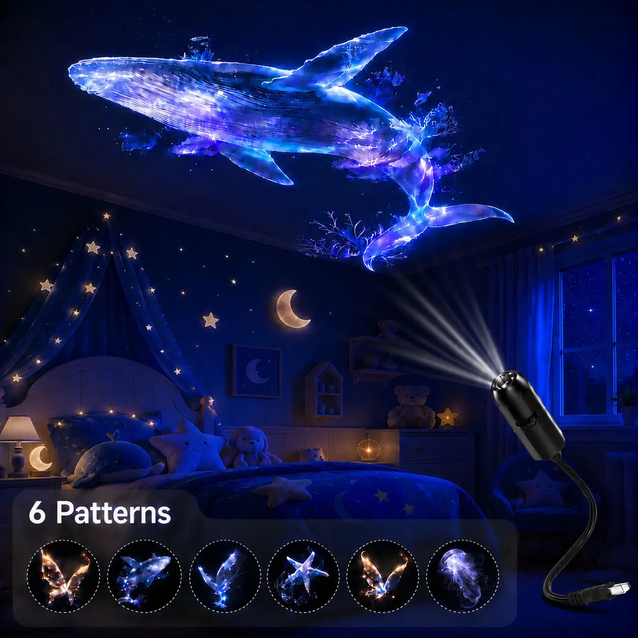 Creative Ocean Projection Lamp, USB Powered Mini Projector with 6 Pattern Discs, 360° Rotating Flexible Light, Whale, Butterfly, Starfish, Jellyfish Atmosphere Decor, Decorative Atmosphere Lighting for Kids Room