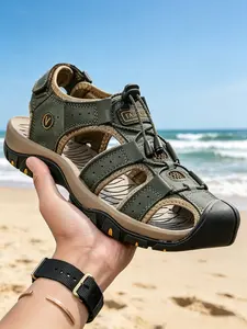 Men's Summer Beach Sandals, PU Leather Outdoor Footwear, Beach Walking Sandals, Rubber Sole, Comfortable Non-Slip, All Seasons, Less Than Ankle Height