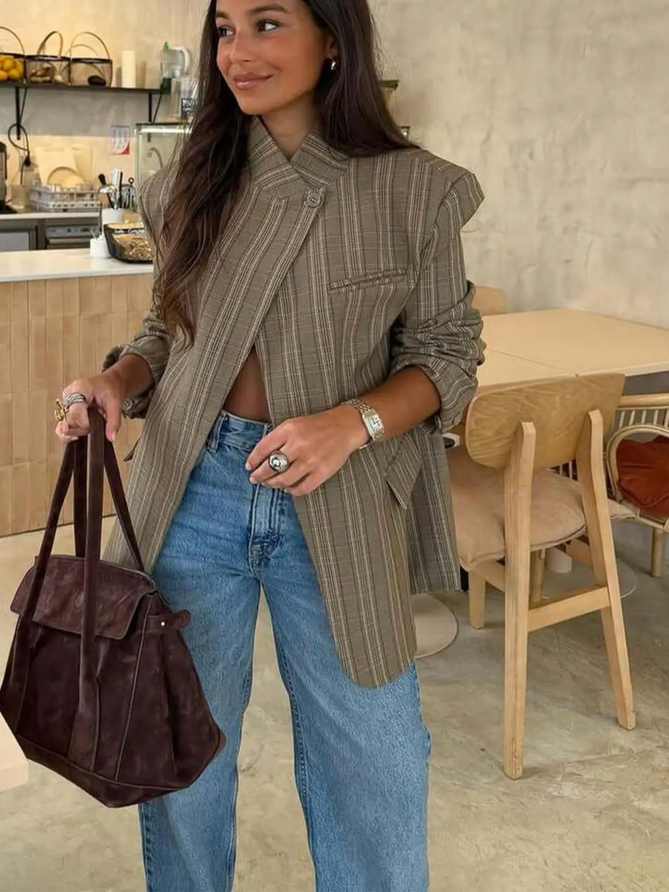 Women's New Spring & Summer Plaid Lightweight Asymmetric Casual Suit Blazer, High-End Elegant Asymmetrical Vintage Design, Women's Fashionable Clothing