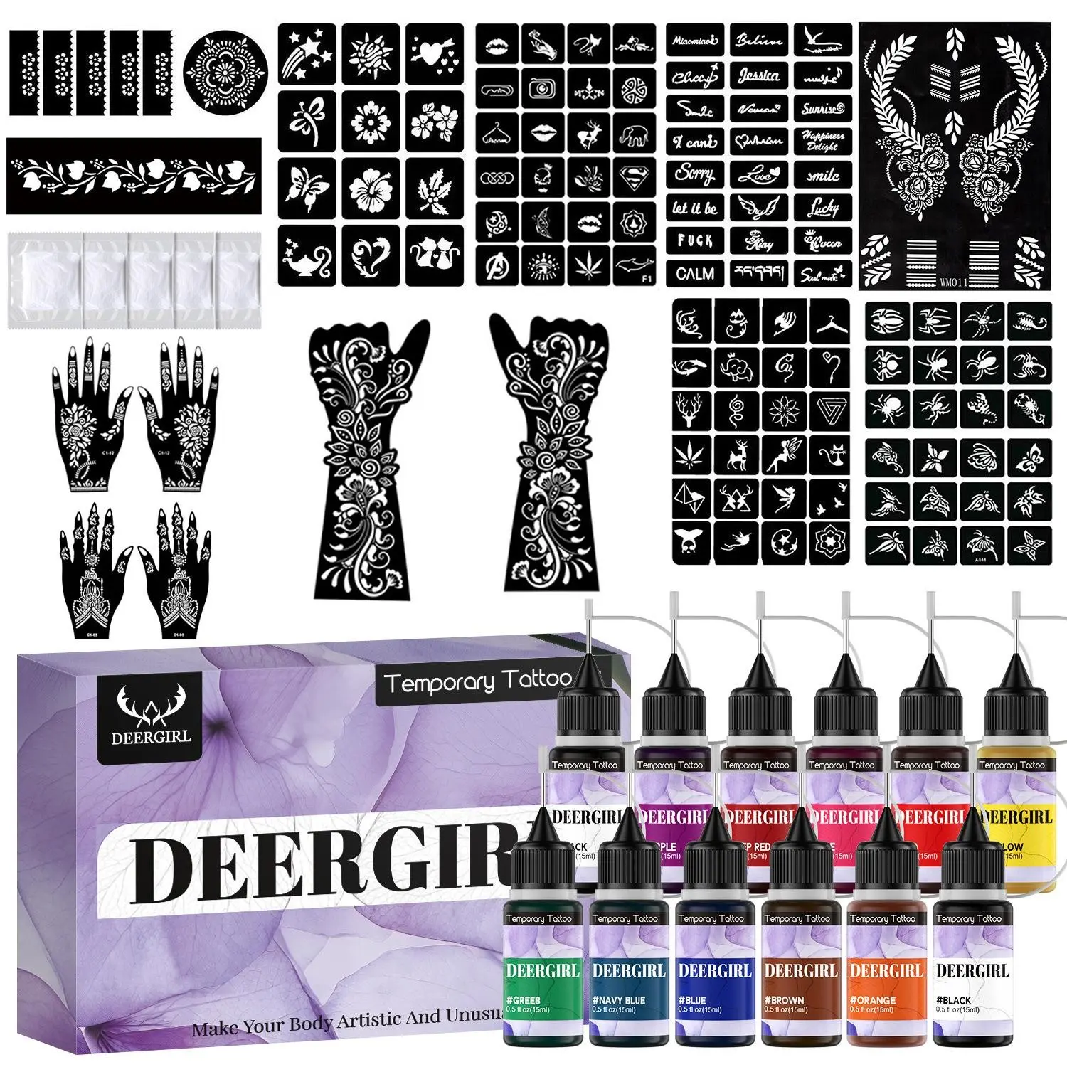 DIY Temporary Tattoo Kit, Tattoo Supplies, Large Ink Bottle, Reusable Stencil Templates, Smooth Application, Long-Lasting, Gentle Formula, Perfect for Parties and Weddings