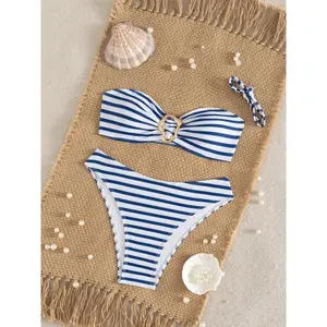 Sexy Blue Striped Micro Bikini 2026 Women Bandeau Front Metal Circle Push Up Bra High Waist Swimsuit Beach Bathing Suit SwimwearBeach photography