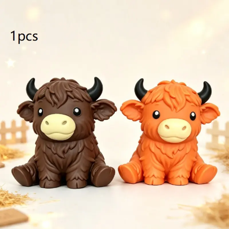 Highland Cow Soft Squeeze Fidget Toy, Cow Squishy, Cute Fluffy Cow Slow Rebound Stress Relief Toy, Odorless Flexible Rubber Anxiety Toy For Adults Kids Students, Portable Pocket Size Desktop Decor Ornament, Aesthetic Farm Animal Novelty Gift For Birthd