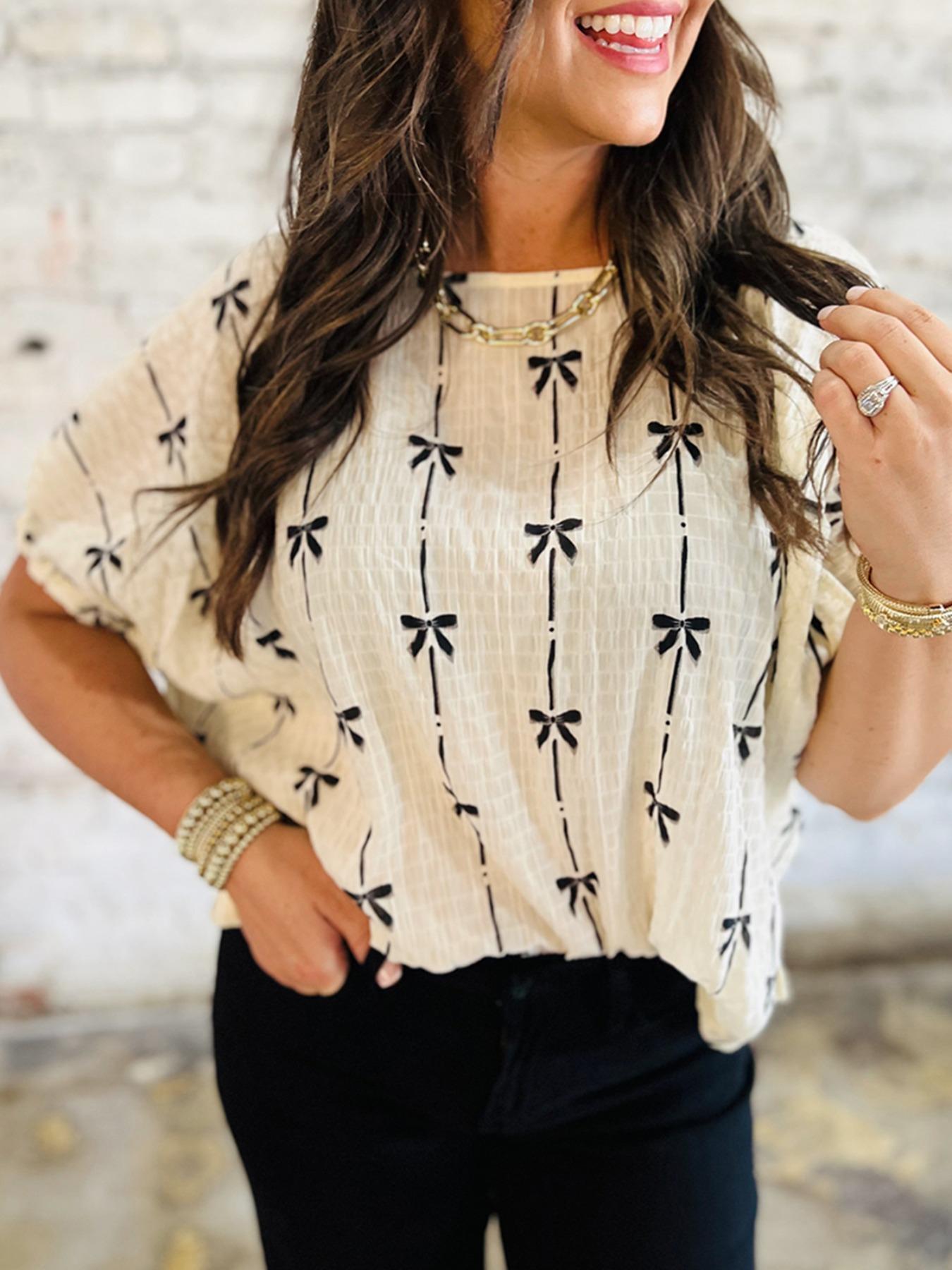 Women's Bow Print Tee, Casual Short Sleeve T-shirt for Daily Wear, Ladies Clothes for All Seasons