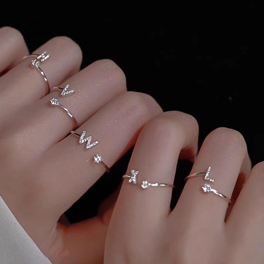 Silver Initial Rings for Women Non Tarnish Dainty Stackable Rings for Women Trendy Adjustable Capital Letter Cubic Zirconia Thumb Pinky Ring Unique Cute Open Birthday Gift Jewelry