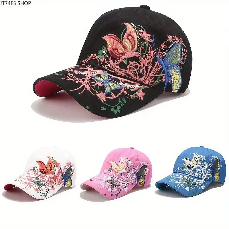 Women's Stylish Cotton Baseball Cap, Butterfly Street Art Ethnic Embroidered Trendy Sun Hat, UV Protection Outdoor Sports Cap, Ideal Summer Camping Gear & Holiday Gifts