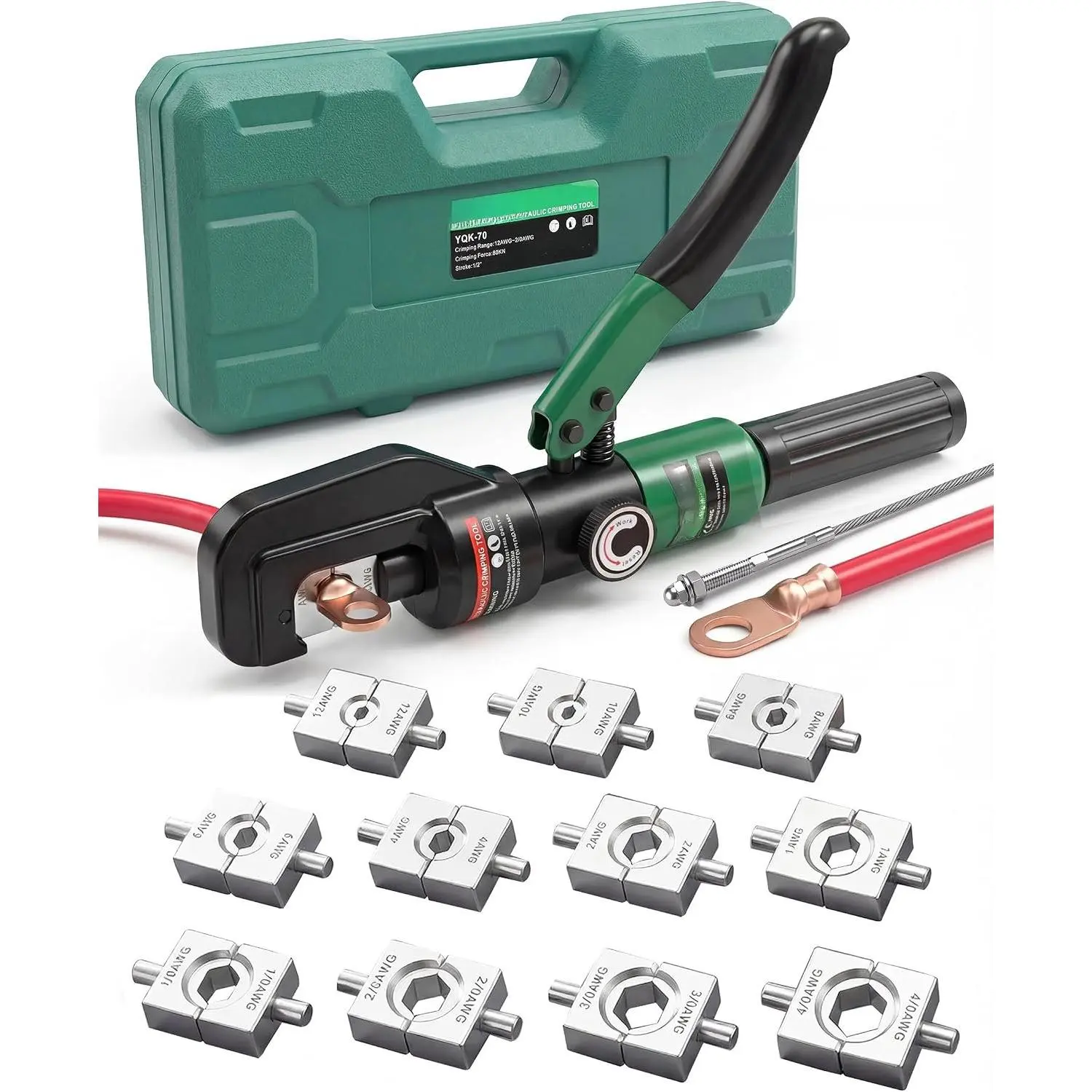 Hydraulic  Crimping Tool,   Terminal  12 AWG–4/0 AWG,  Standard AWG Dies, 10-Ton Hydraulic Copper  Lugs  for  Standard  12 ga-4/0 ga