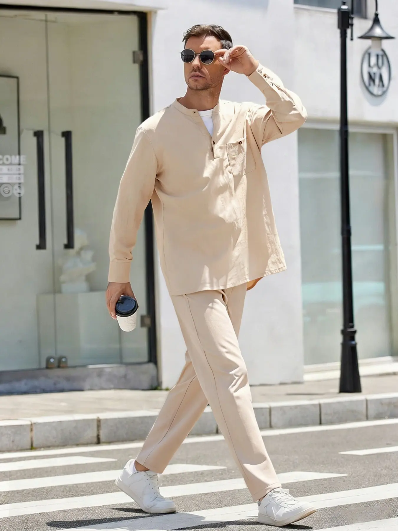 Men's Light Khaki Minimal Relaxed Vibe 2 Piece Matching Outfit, Long Sleeve Half Button Henley Collar Top With Side Pocket, Elastic Drawstring Soft Straight Leg Trousers, Loose Skin-Friendly Co-ord Suit For Daily Commute Street Wear & Home Loungewear