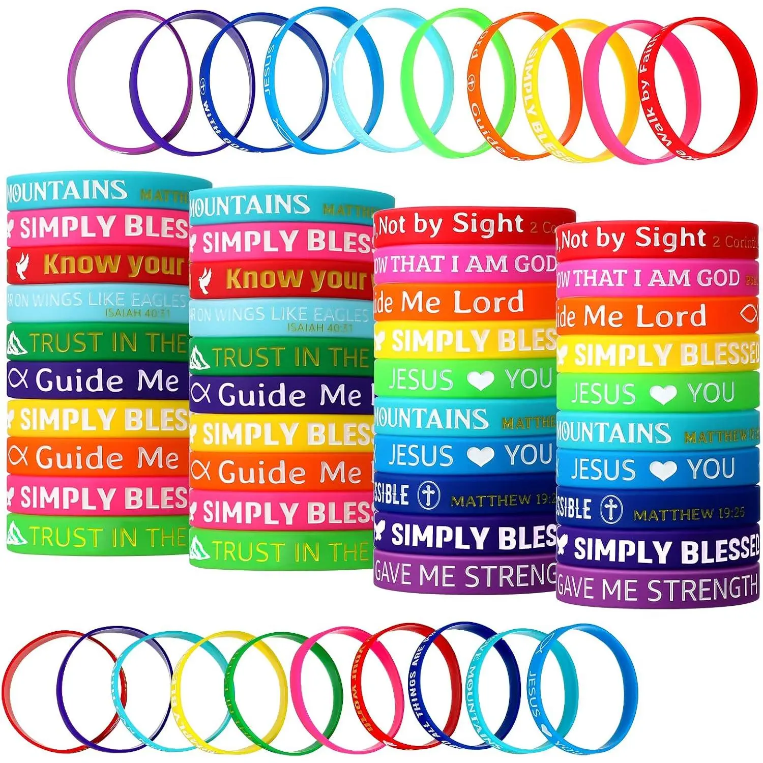 60 count Christian Rubber Bracelets Bulk  Verse Church Favors | Inspirational Scripture Wristbands for Religious Gatherings, Colorful  with  Quotes, Church