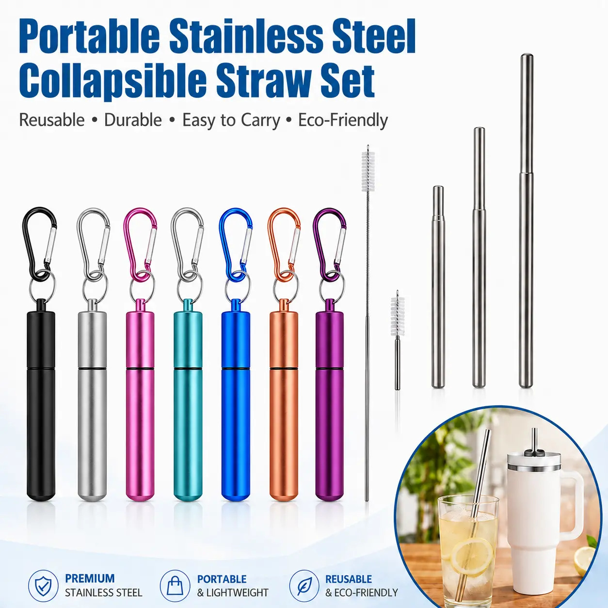 Portable Retractable Three-section Design Straw, 1 Count Durable Reusable Stainless Steel Drinking Straw with Cleaning Brush & Organizer, Drinkware Accessories for Outdoor Travel-YY0