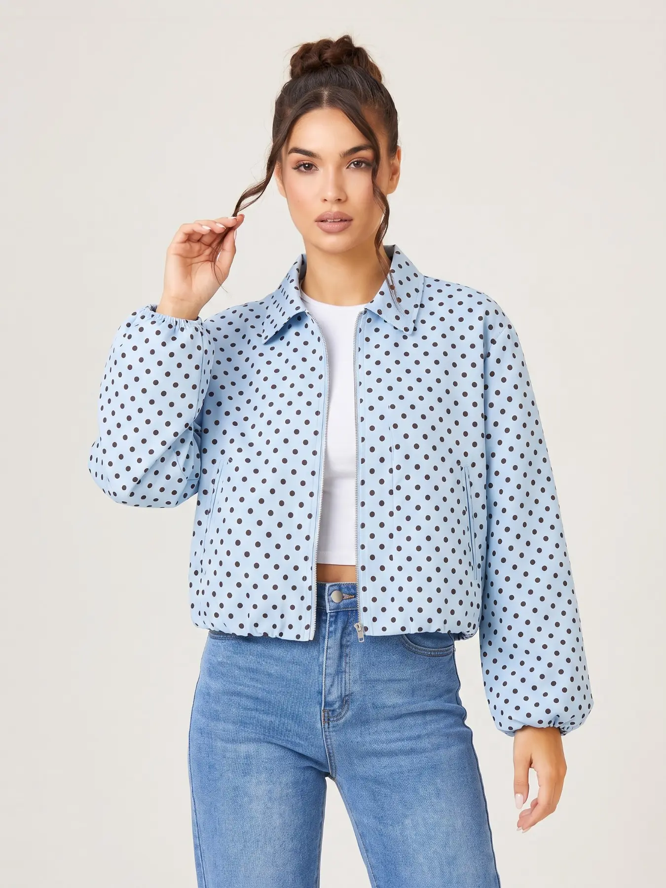 Women's Versatile Comfy Casual Polka Dot Collared Zipper Cropped Trench Coat, Elegant Side Pocket Long Sleeve Outerwear for Fall & Winter, Windproof Lightweight Jacket, Light Warmth Daily Outfit #TikTokMadeMeBuyIt #Windbreaker #BomberJacket