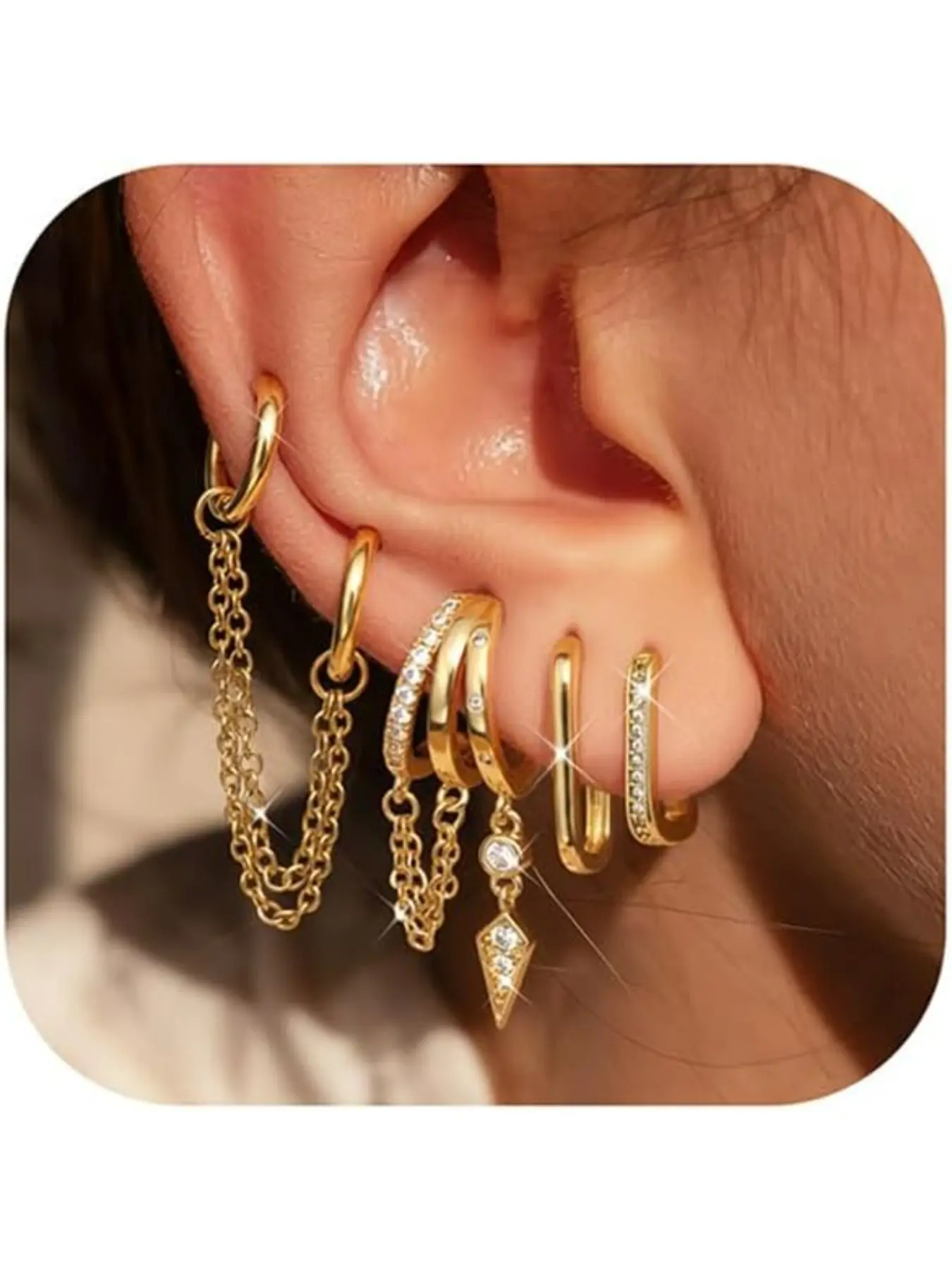 Hypoallergenic Earring Stacks - Non Tarnish 14K Gold Plated Surgical Steel Earring Dainty CZ Huggie Dangle Hoops Cartilage Illusion Claw Chain Earring Pack Multiple Piercing Jewelry Trendy Stackable Earrings